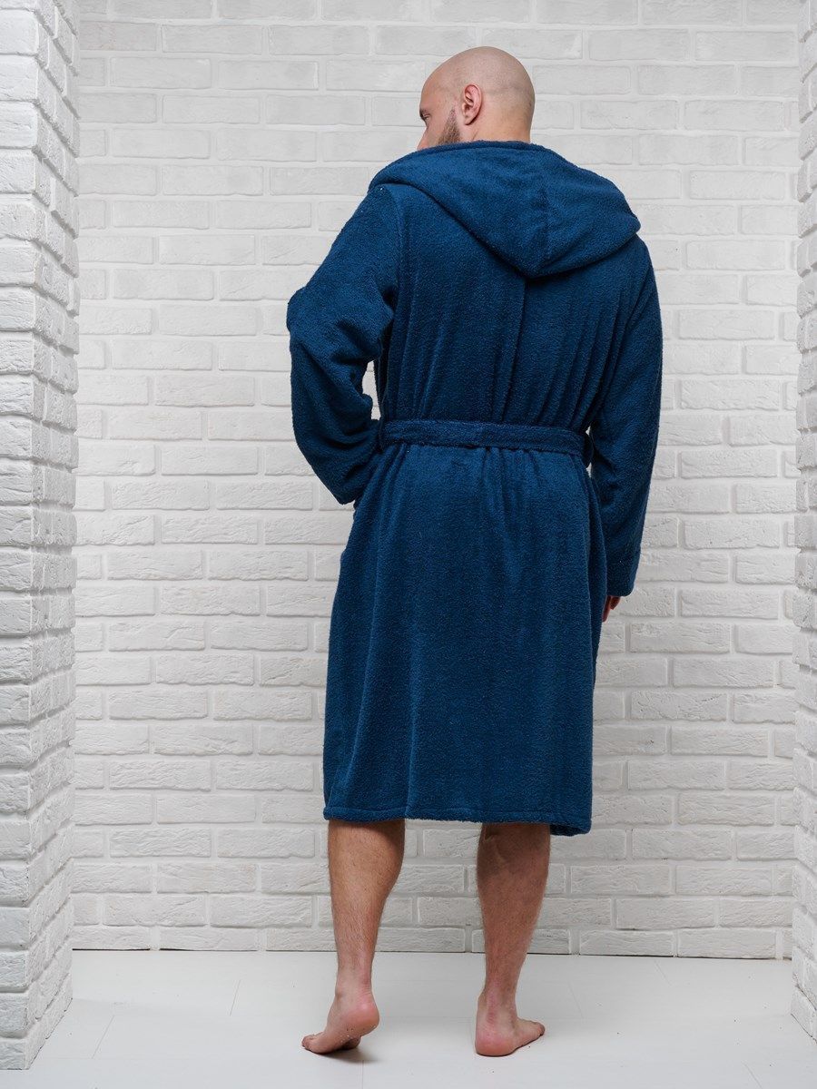 снимок Халат мужской махровый PandaHug с капюшоном, синий от магазина BIO-TEXTILES ОПТ