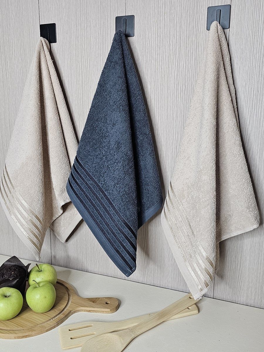 снимок Набор махровых полотенец 3 шт (40*70) беж, т.сер, беж, полоса от магазина BIO-TEXTILES ОПТ