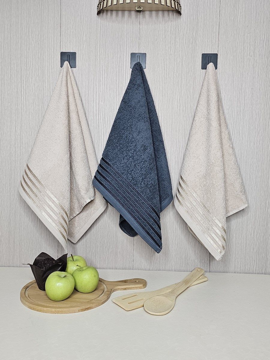 снимок Набор махровых полотенец 3 шт (40*70) беж, т.сер, беж, полоса от магазина BIO-TEXTILES ОПТ