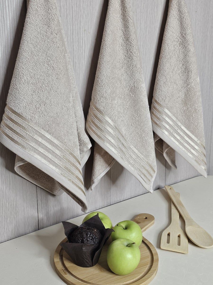 снимок Набор махровых полотенец 3 шт (40*70) бежевый, полоса от магазина BIO-TEXTILES ОПТ