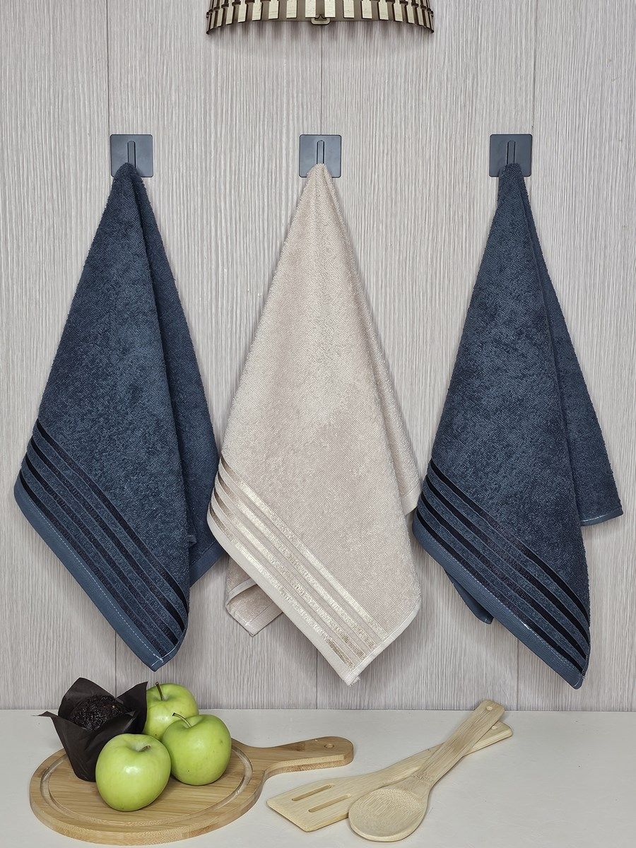 снимок Набор махровых полотенец 3 шт (40*70)  т.сер, беж, т.сер, полоса от магазина BIO-TEXTILES ОПТ