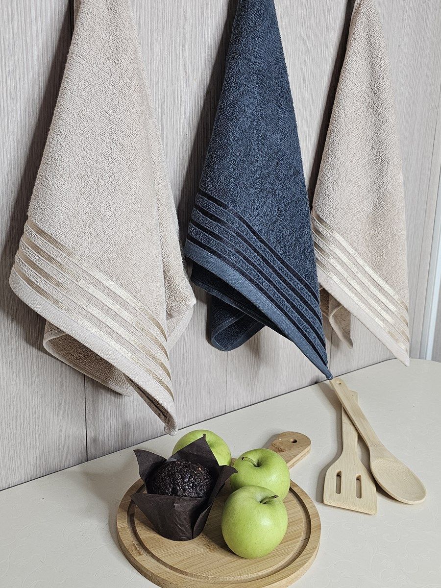 снимок Набор махровых полотенец 3 шт (40*70) беж, т.сер, беж, полоса от магазина BIO-TEXTILES ОПТ